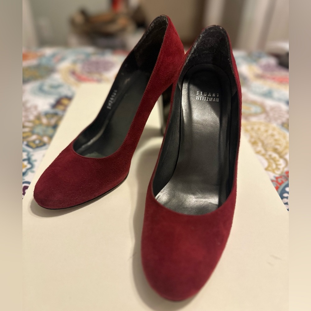 Stuart Weitzman Deep Red Suede Super High Thick Heel Pumps